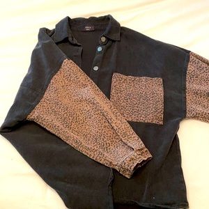 Vici Collection denim and leopard shirt jacket.